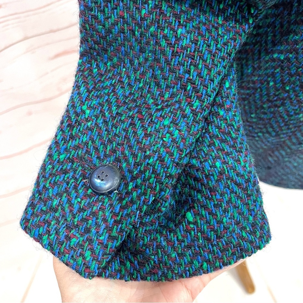 Vintage 80s 90s Saint Laurent Rive Gauche Teal Confetti Tweed Herringbone Blazer - Picture 7 of 11